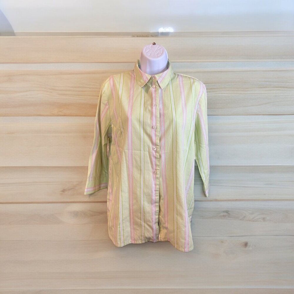 Allison Daley Womens Shirt Size 10 Green Stripe Button 3/4 Sleeve Preppy Cottage